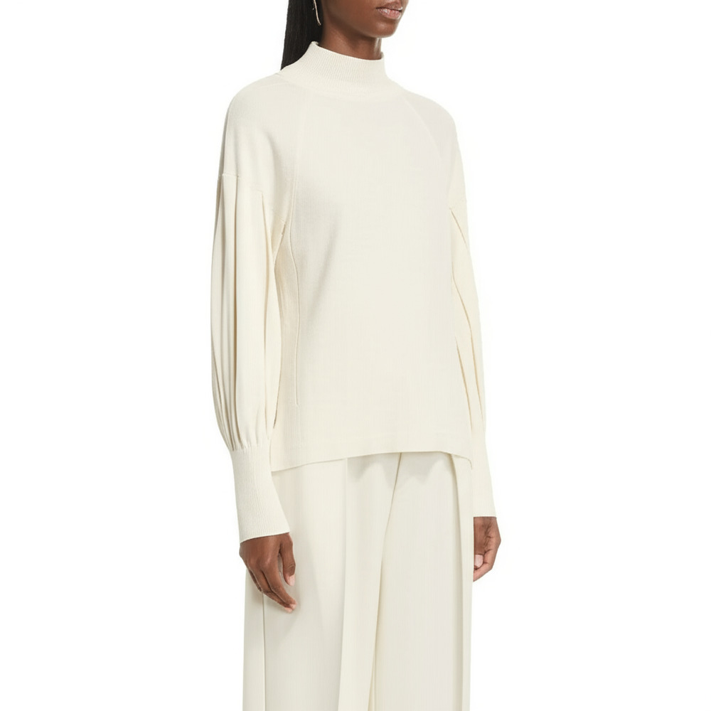 Sfera Knit Top Sz M Cream Mock Neck Pleated Sleeve Knit Chic Sweater Fall Winter
